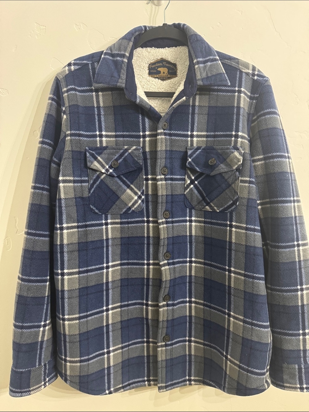 Freedom Foundry Sherpa Lined Plaid Shacket Blue Gray Men’s S